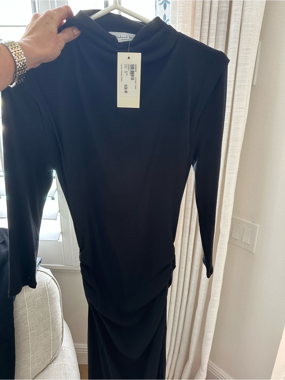 Michael Stars Black Long Sleeve Ruched Midi Dress